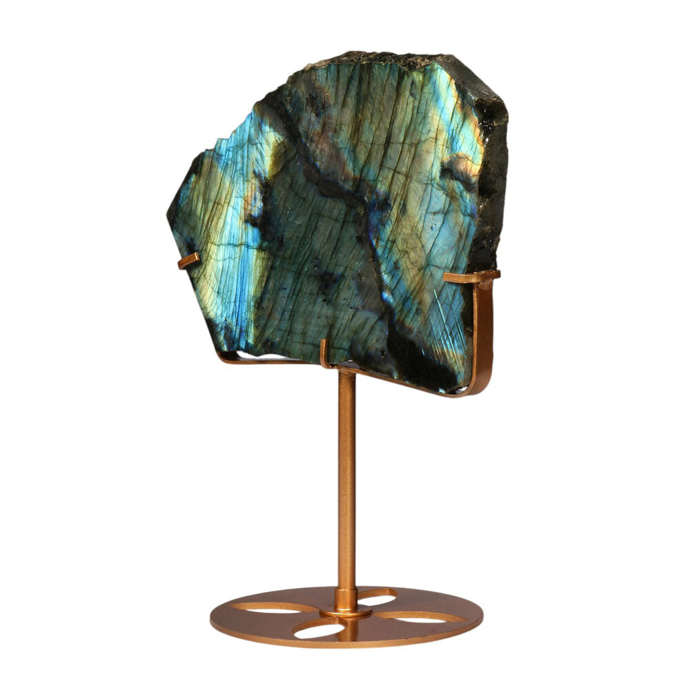 Labradoriet schijf gepolijst op standaard 12,3 x 18,5 x 1,6 cm | 970 gram Labradoriet schijf gepolijst op standaard 12,3 x 18,5 x 1,6 cm | 970 gram