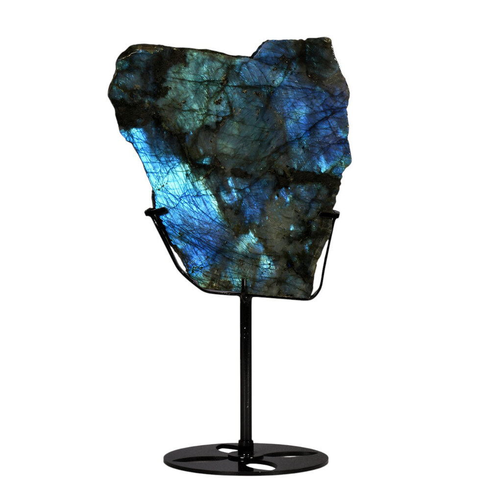 Labradoriet schijf gepolijst op standaard 15,3 x 14,2 x 1,8 cm | 894 gram Labradoriet schijf gepolijst op standaard 15,3 x 14,2 x 1,8 cm | 894 gram