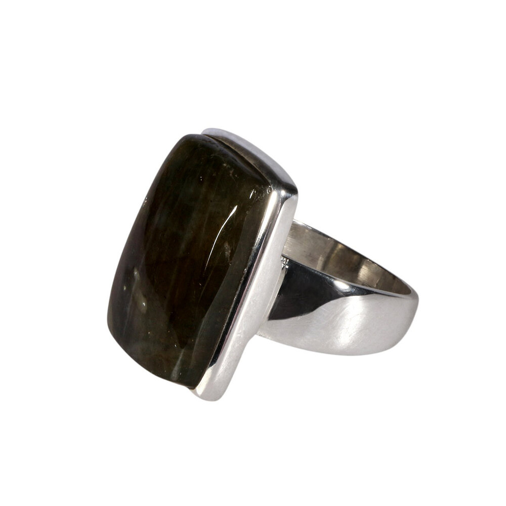 Zilveren ring labradoriet maat 19 1/2 | rechthoek 2,3 x 1,5 cm