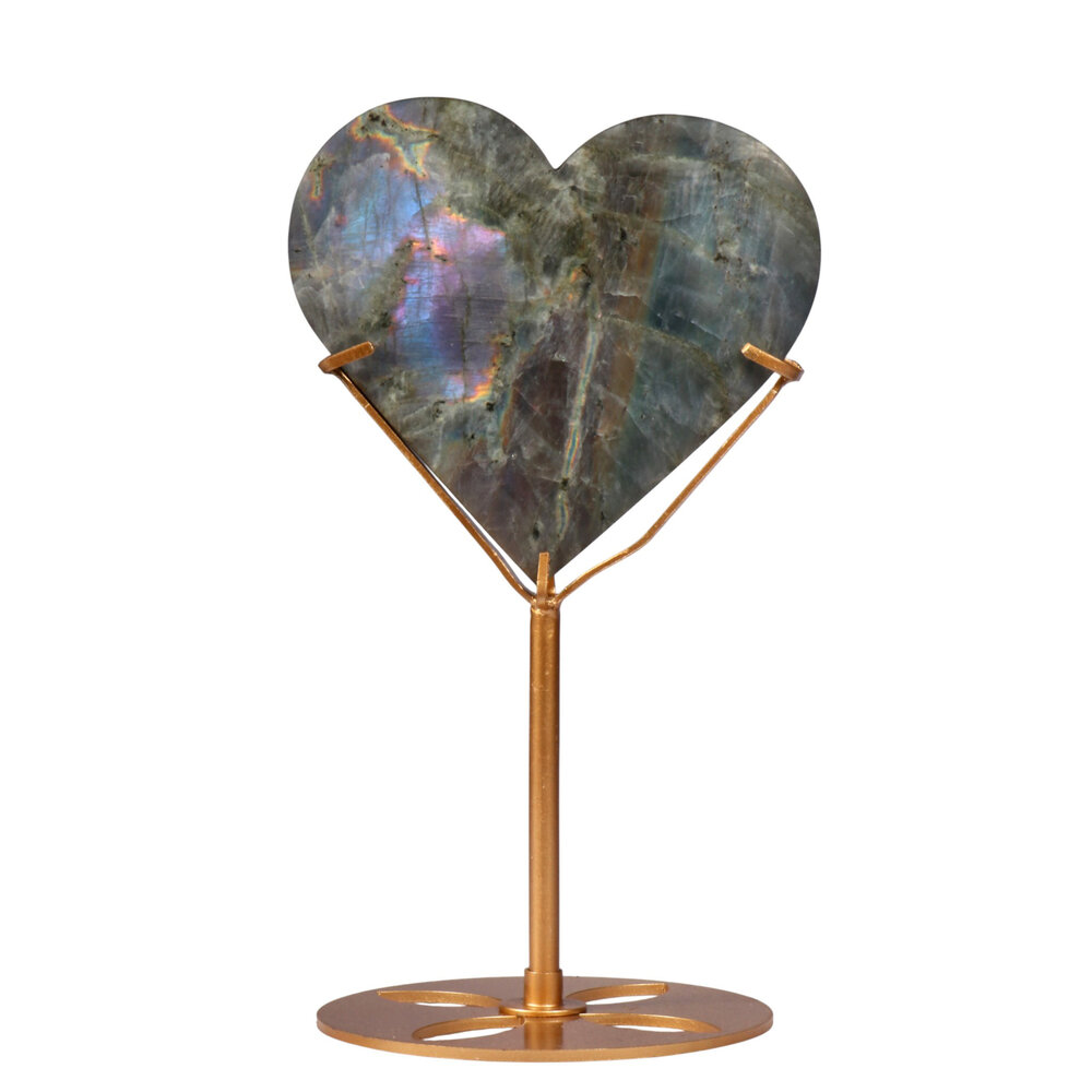 Labradoriet (paars) hart op goudkleurige standaard 12 x 12,7 x 1,9 cm | 647 gram Labradoriet (paars) hart op goudkleurige standaard 12 x 12,7 x 1,9 cm | 647 gram