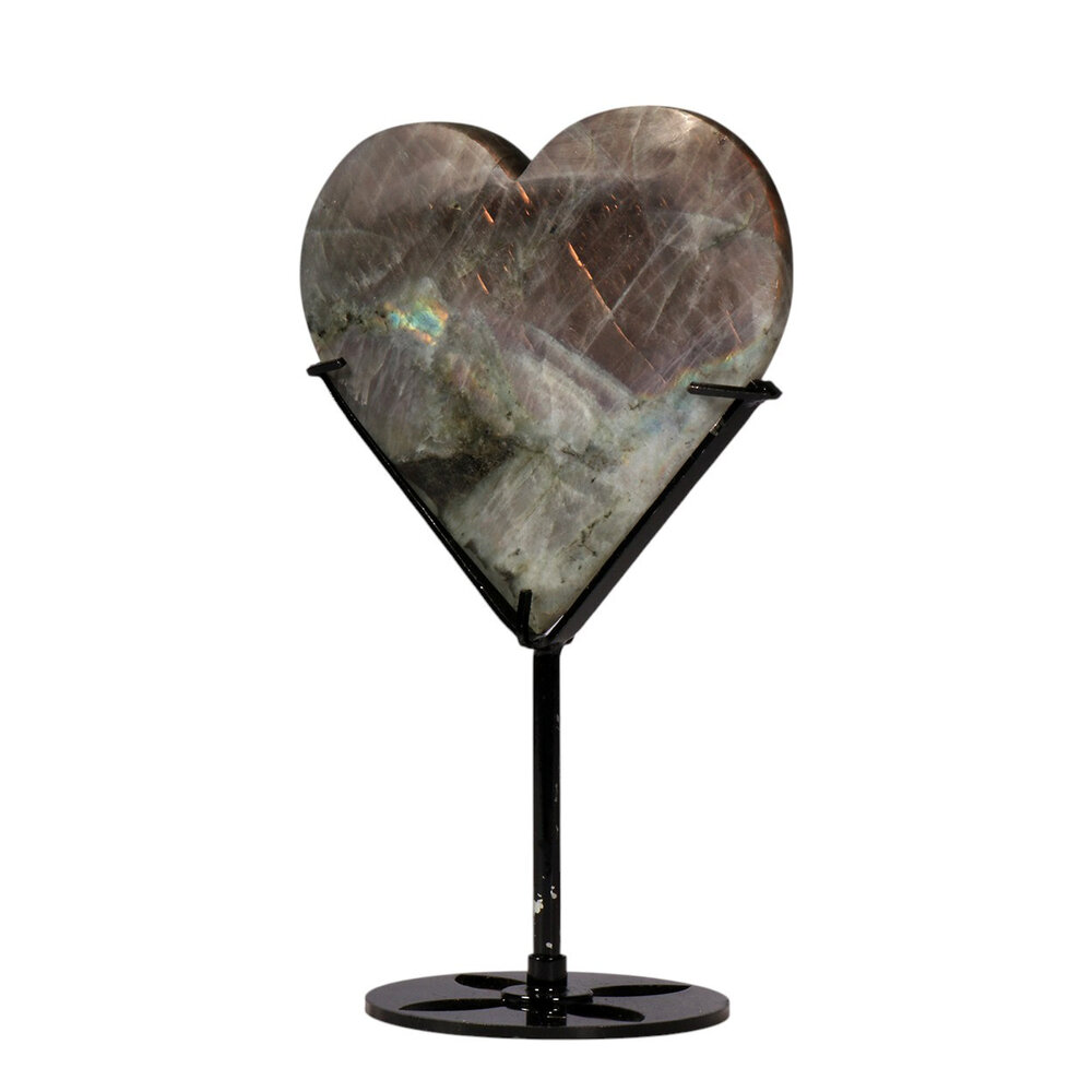 Labradoriet (paars) hart op zwarte standaard 10,2 x 11,2 x 1,4 cm | 318 gram Labradoriet (paars) hart op zwarte standaard 10,2 x 11,2 x 1,4 cm | 318 gram