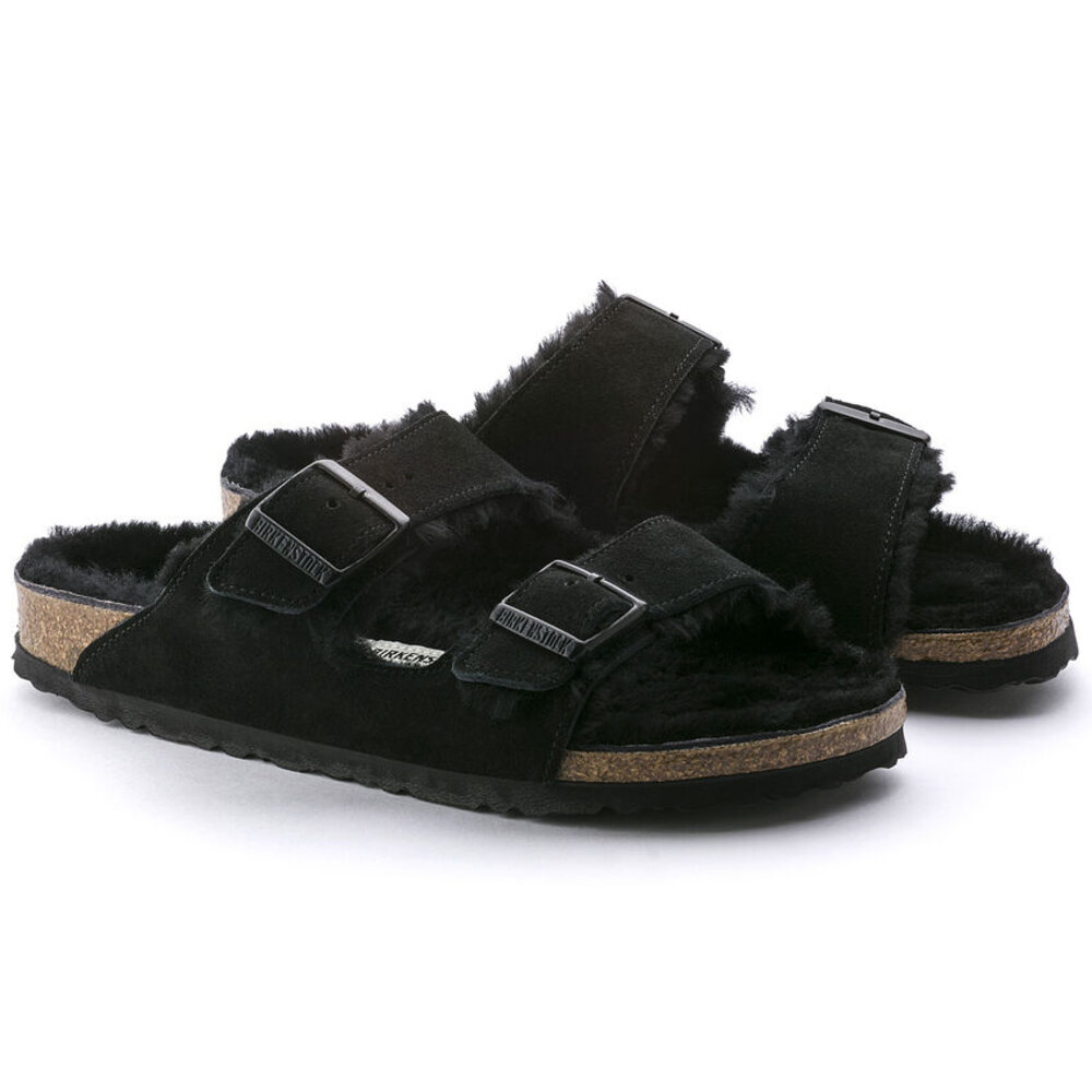 Birkenstock Arizona Lamsvel Suede Zwart Smal Voetbed