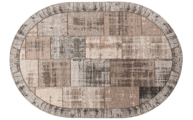 Enzo 16 - Oval Vintage Patchwork Teppich in Braun/Graues Garn