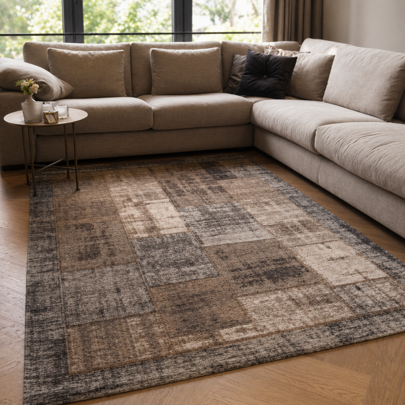 Enzo 16 - Vintage Patchwork Teppich in Braun/Grau