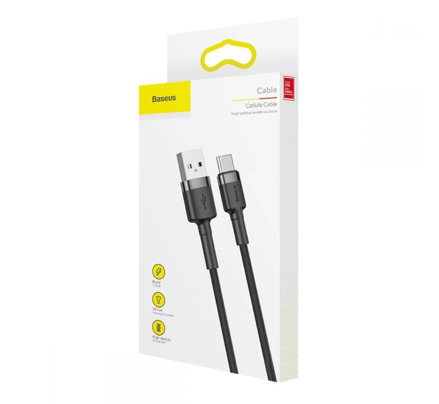 Baseus Cafule USB C Kabel naar USB C 2 meter zwart grijs - 2A - Fast Charging - gewoven - velcro bandje