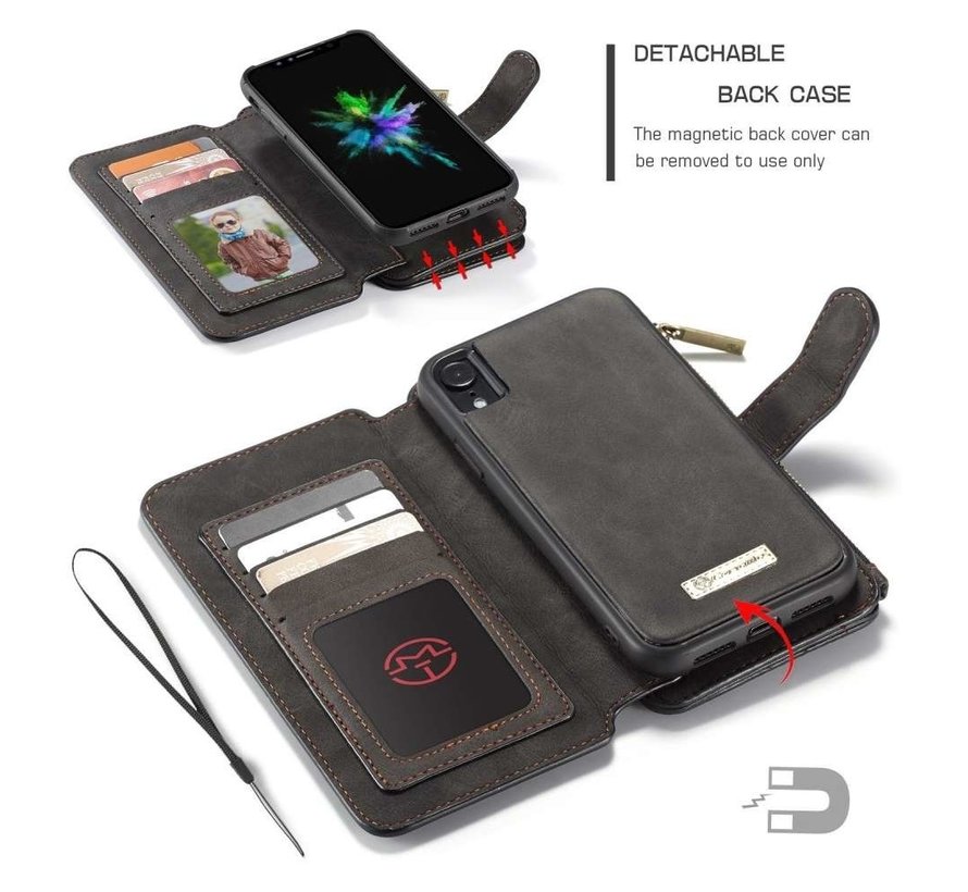 CaseMe Portefeuille Zippé 2 en 1 iPhone 11 Noir | Compartiments de rangement | Magnétique | béquille