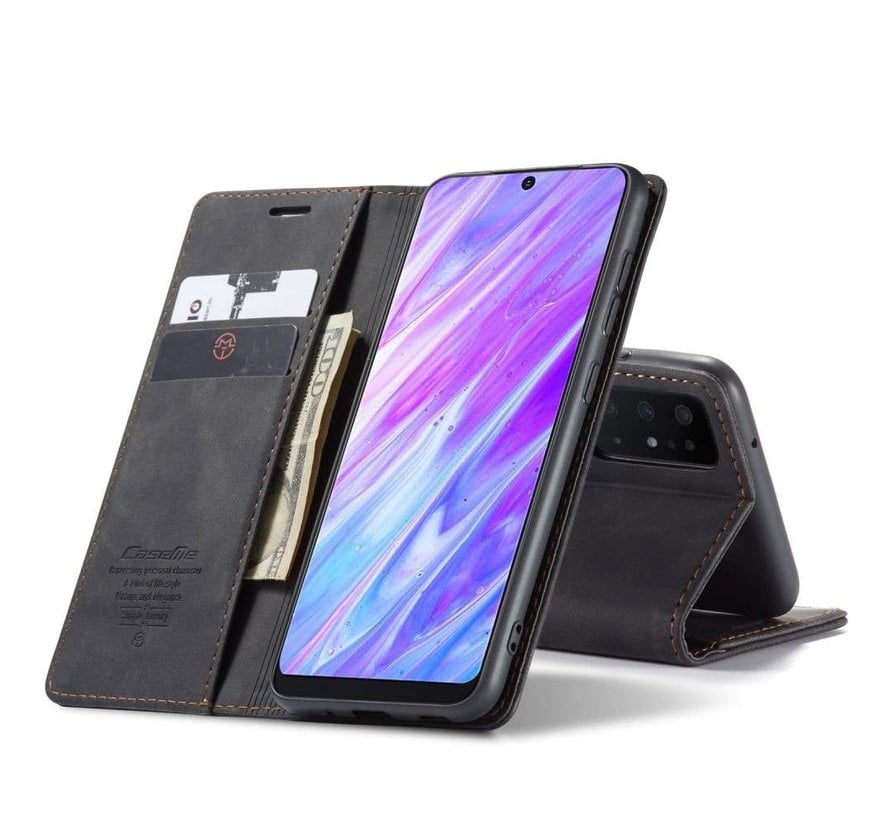 CaseMe Retro Wallet Slim Samsung S20 Ultra hoesje zwart - Flipcover - magnetische sluiting - 2 kaarthouders en een vak voor briefgeld