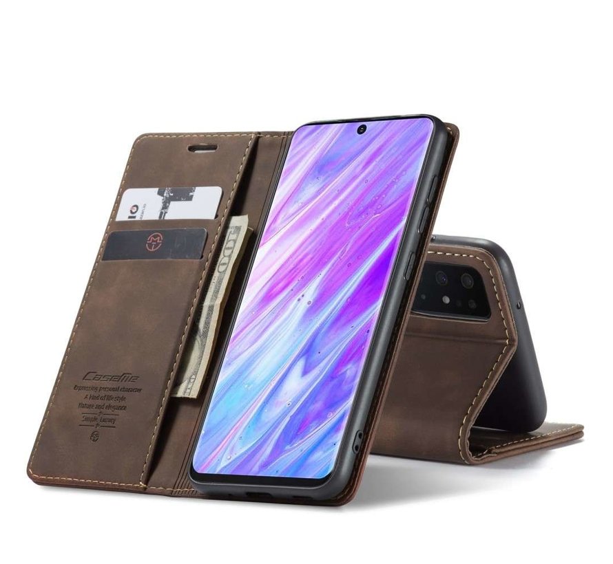 CaseMe Retro Wallet Slim Samsung S20 Ultra hoesje bruin - Flipcover - magnetische sluiting - 2 kaarthouders en een vak voor briefgeld