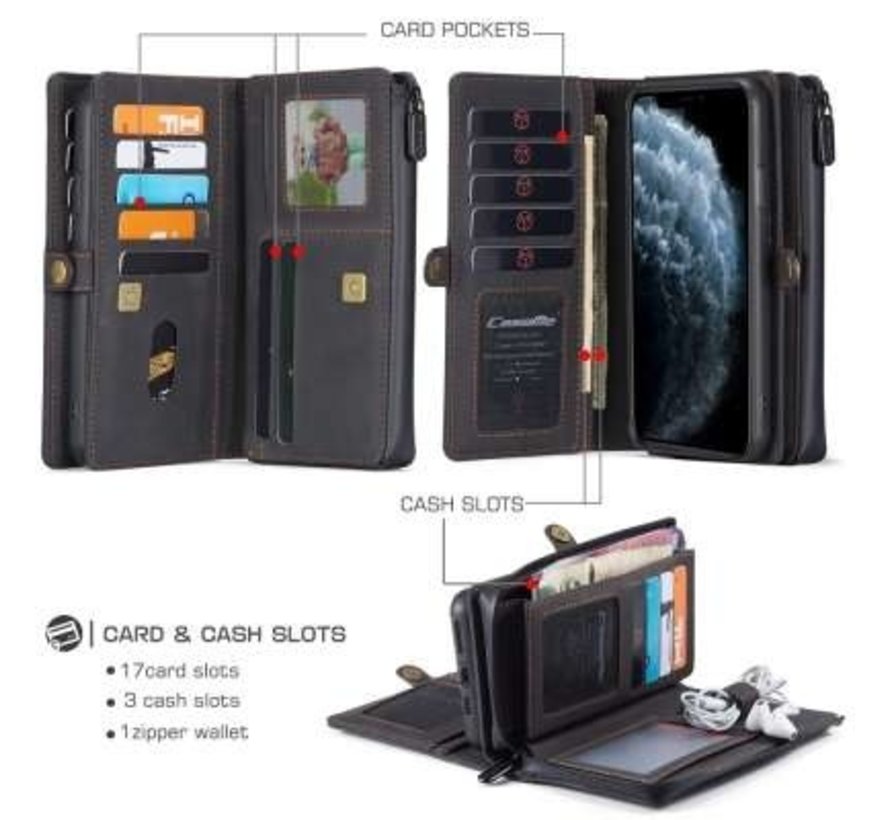 CaseMe Étui iPhone 11 Pro Max Noir - Étui Portefeuille Multi | Compartiments de rangement | Magnétique | béquille