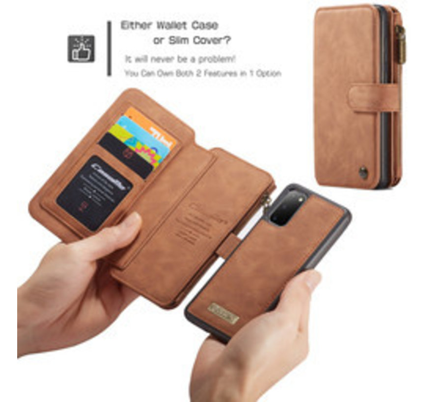 CaseMe Samsung S20 Plus Hulle Braun - 2 in 1 Zipper Wallet Case | Staufächer | Magnetisch | Ständer
