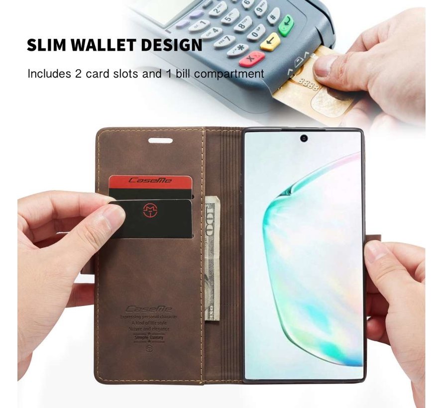CaseMe Retro Wallet Slim Samsung Note 20 Ultra hoesje bruin - Flipcover - magnetische sluiting - 2 kaarthouders en een vak voor briefgeld