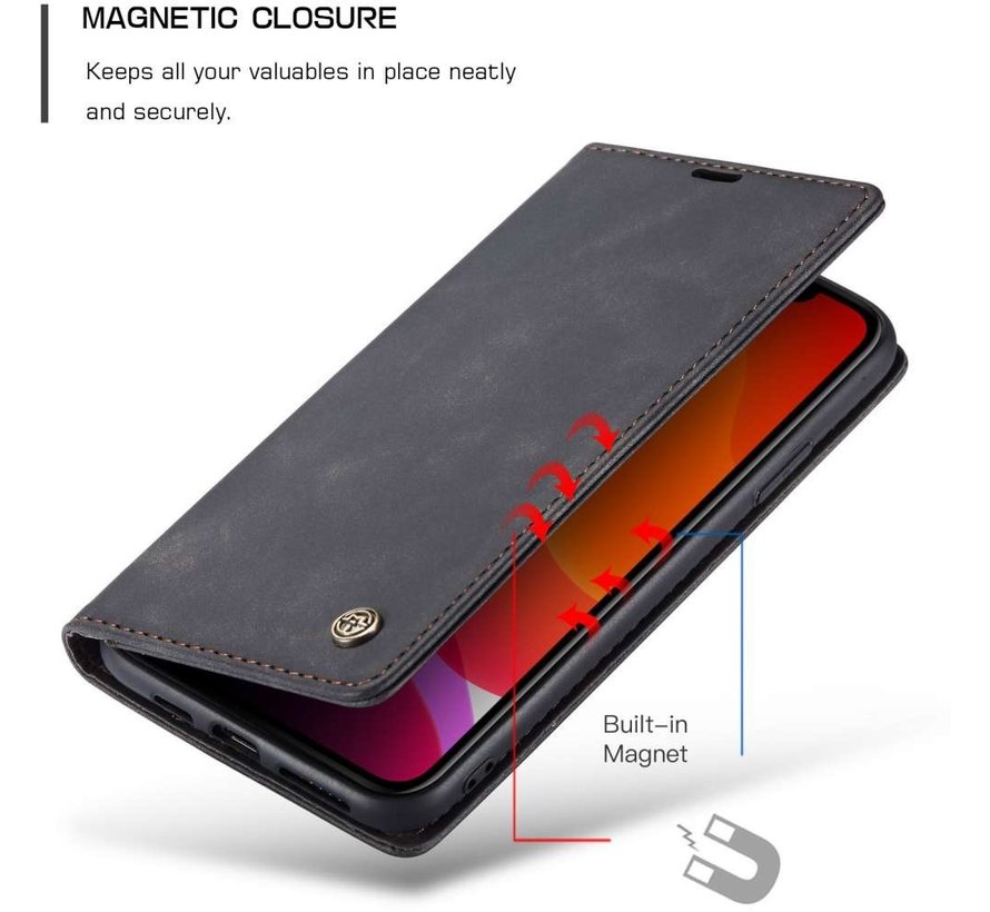 CaseMe Retro Wallet Slim iPhone 12 Mini hoesje zwart - Flipcover - magnetische sluiting - 2 kaarthouders en een vak voor briefgeld
