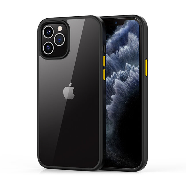 Devia Coque iPhone 12 Pro Max Transparente Noire - Requin- boutons jaunes sur le côté - Extra grip - S'adapte parfaitement - Matière : TPU et PC - Jusqu'à 1,2 mètre de protection antichute