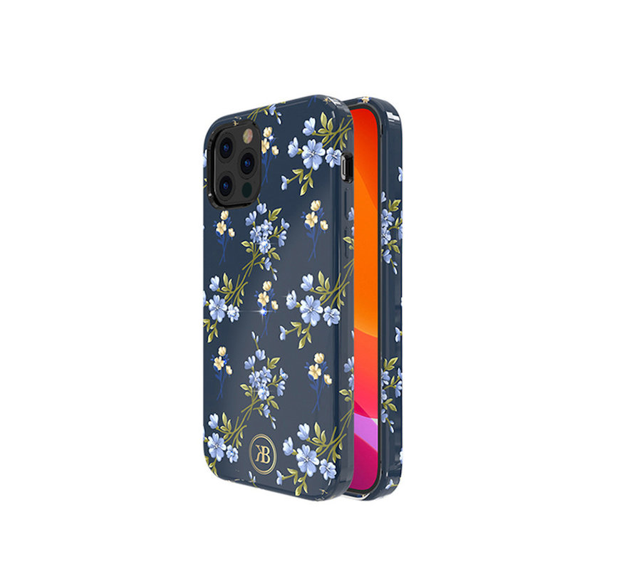 Kingxbar iPhone 12 Mini Hülle Blaue Blumen mit Swarovski-Kristallen