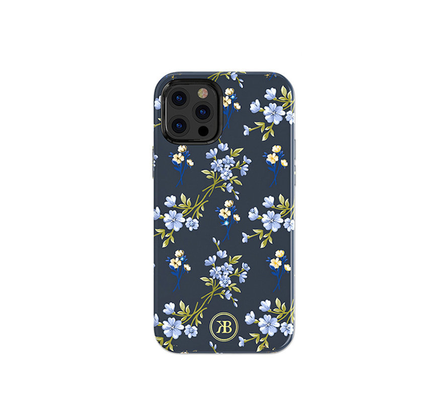 Kingxbar  iPhone 12 Pro Max hoesje blauw bloemen - BackCover - anti bacterieel - Crystals from Swarovski