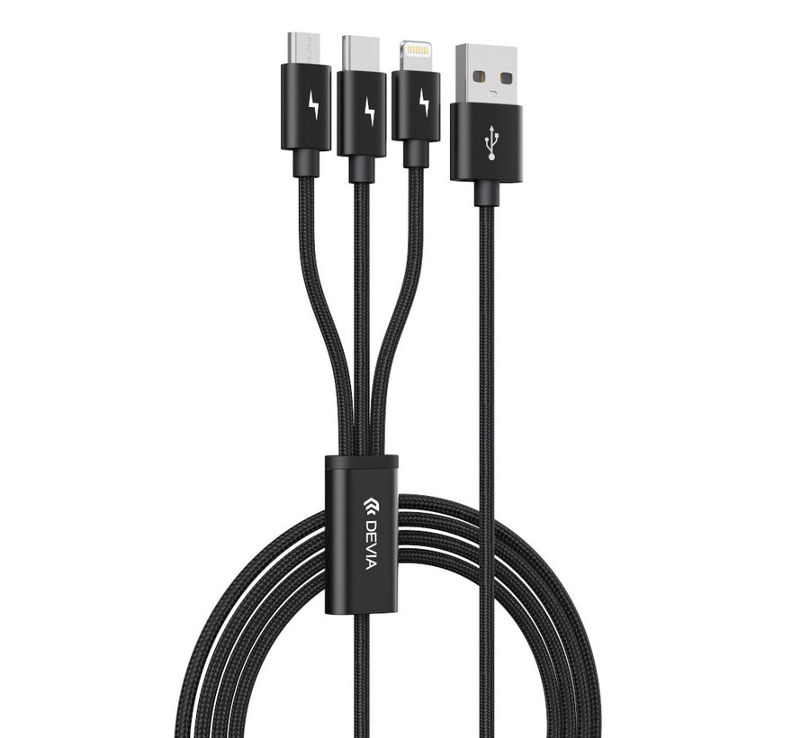 Devia 3in1 Cable Lightning - Micro - Type C - 3A high speed - USB-A to: Micro USB, USB Type C, Apple Lightning - Nylon woven material - 1.2 m