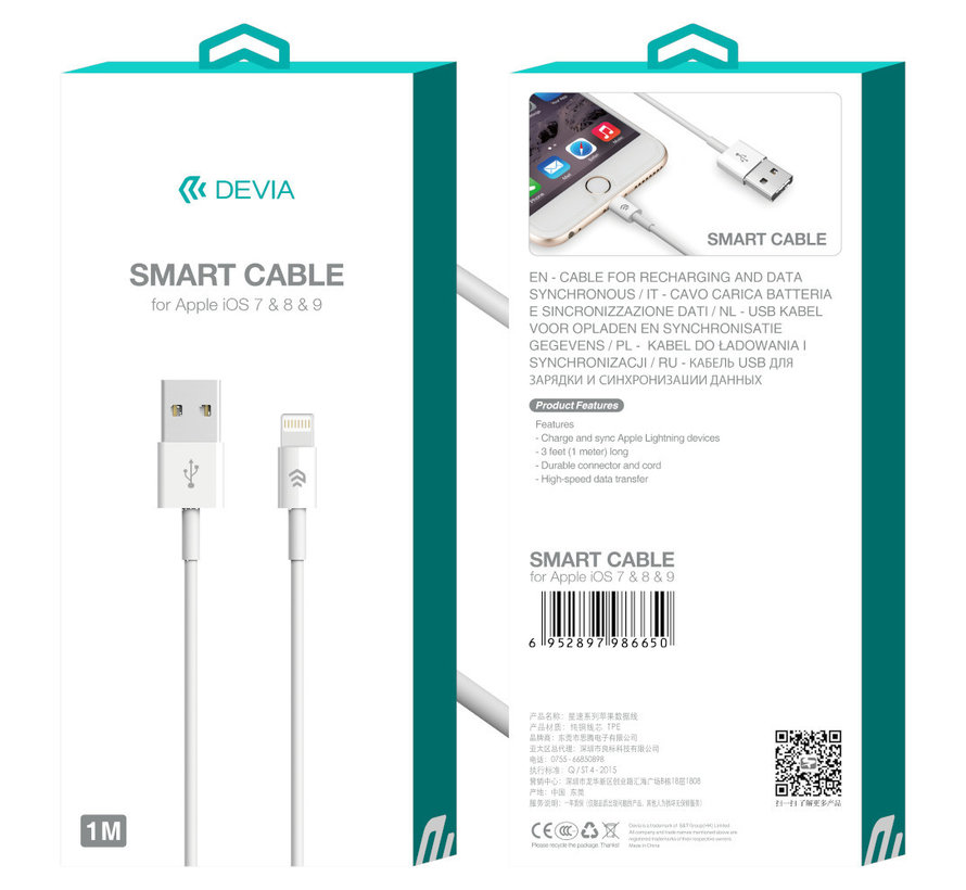 Devia Apple Cable USB to Lightning 1M Blanc - Chargeur iPhone - Câble de charge - Câble de données