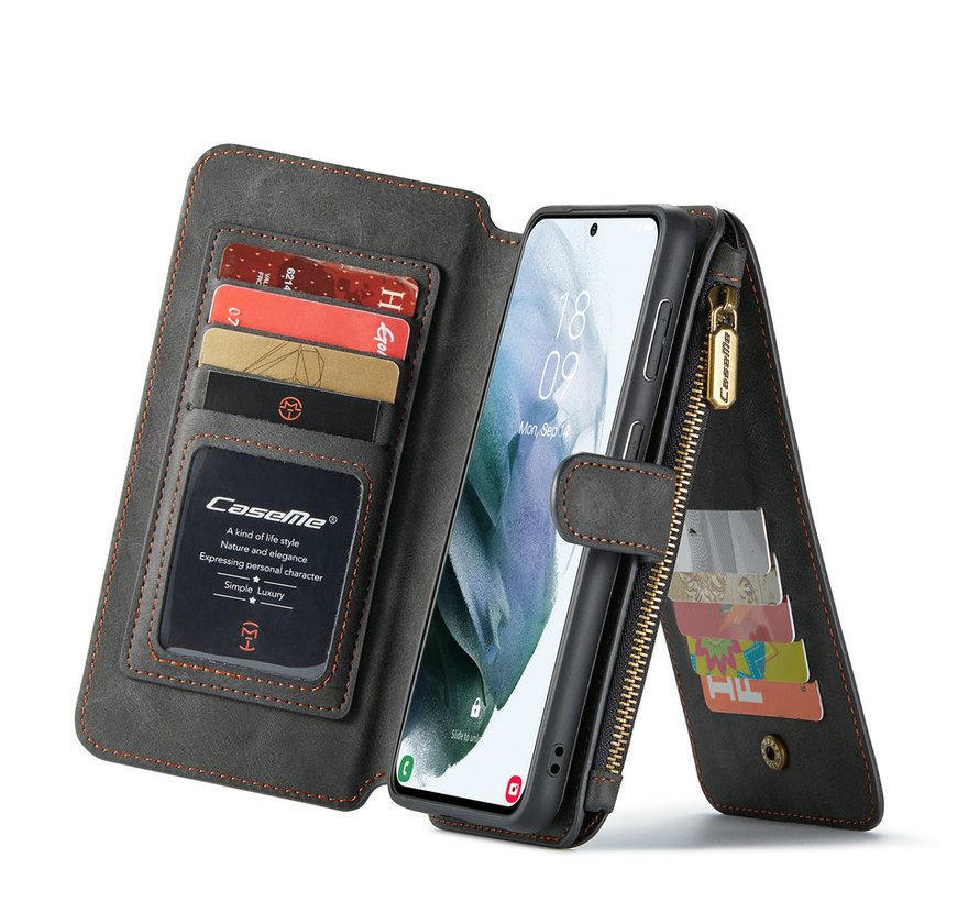 CaseMe Samsung S21 Hulle Schwartz - 2 in 1 Zipper Wallet | Staufächer | Magnetisch | Ständer