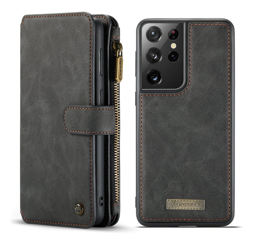 CaseMe Samsung S21 Cover Noir - 2 in 1 Zipper Wallet | Compartiments de rangement | Magnétique | béquille