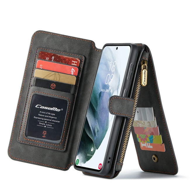 CaseMe Samsung S21 Plus Cover Black - 2 in 1 Zipper Wallet | Storage Compartments | Magnetic | Kickstand
