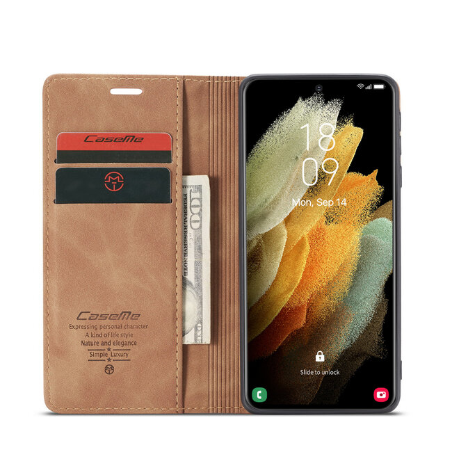 CaseMe Samsung S21 Ultra  Portefeuille L. Marron - Retro Wallet Slim - Étui de protection pour portefeuille - Cuir souple - Protection à 360 ° - Support pour téléphone avec béquille - 2 porte-cartes - Fente pour billets