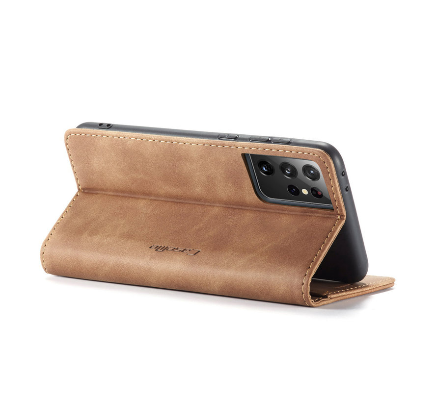 CaseMe Samsung S21 Ultra  Case Light Brown - Retro Wallet Slim - Wallet Protective Case - Soft Leather - 360° Protection - Kickstand Phone Holder - 2 Card Holder - Bill Slot