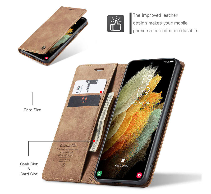 CaseMe Samsung S21 Ultra  Case Light Brown - Retro Wallet Slim - Wallet Protective Case - Soft Leather - 360° Protection - Kickstand Phone Holder - 2 Card Holder - Bill Slot