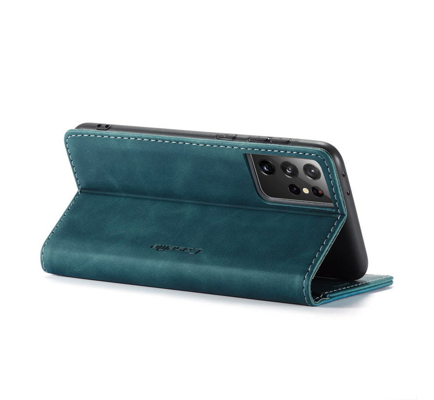 CaseMe Samsung S21 Ultra  Portefeuille Bleu - Retro Wallet Slim - Étui de protection pour portefeuille - Cuir souple - Protection à 360 ° - Support pour téléphone avec béquille - 2 porte-cartes - Fente pour billets