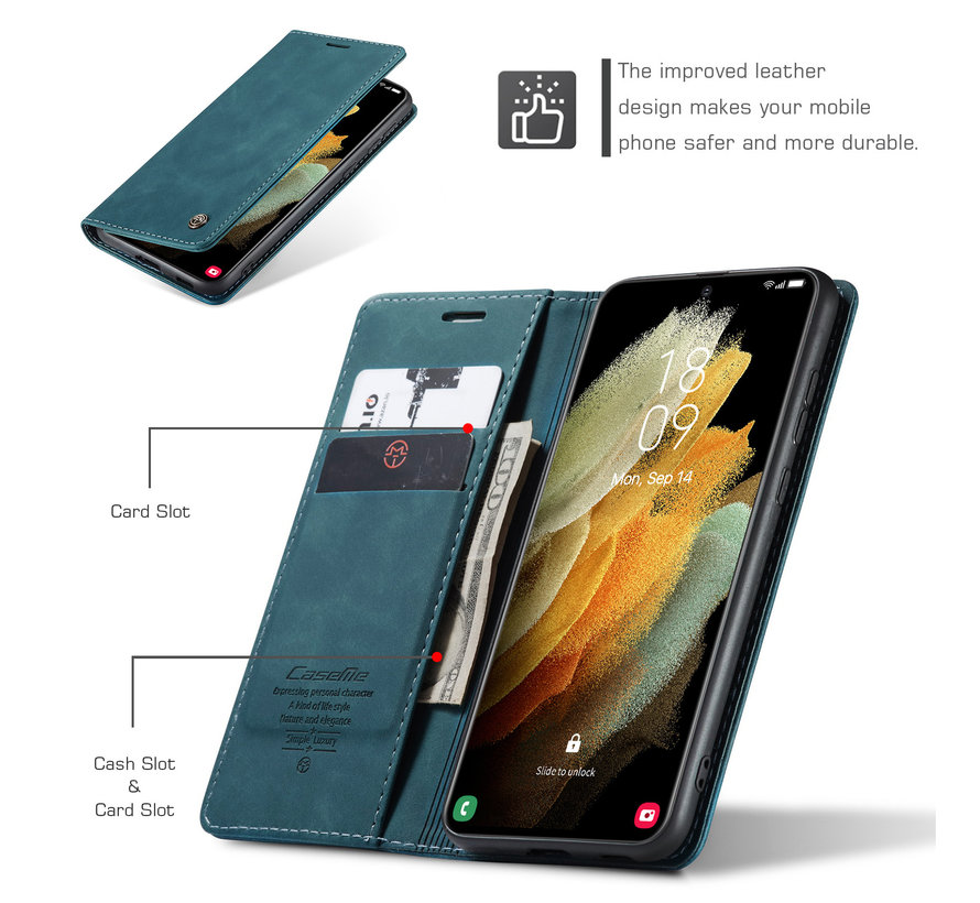 CaseMe Retro Wallet Slim Samsung S21 Ultra hoesje blauw - Flipcover - magnetische sluiting - 2 kaarthouders en een vak voor briefgeld