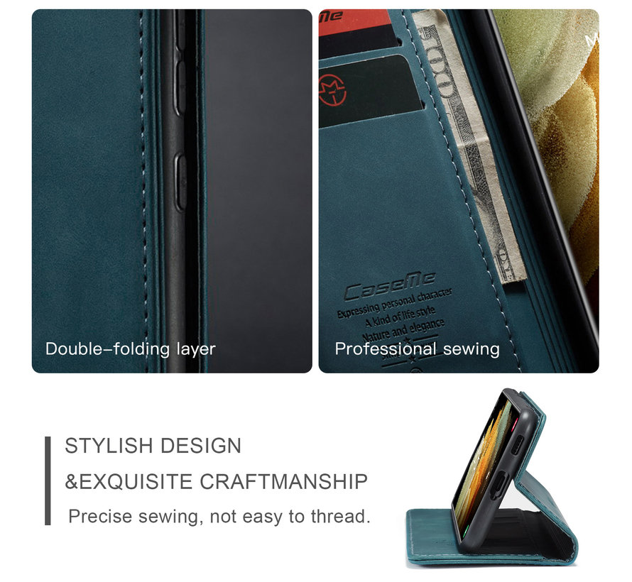 CaseMe Samsung S21 Ultra  Portefeuille Bleu - Retro Wallet Slim - Étui de protection pour portefeuille - Cuir souple - Protection à 360 ° - Support pour téléphone avec béquille - 2 porte-cartes - Fente pour billets