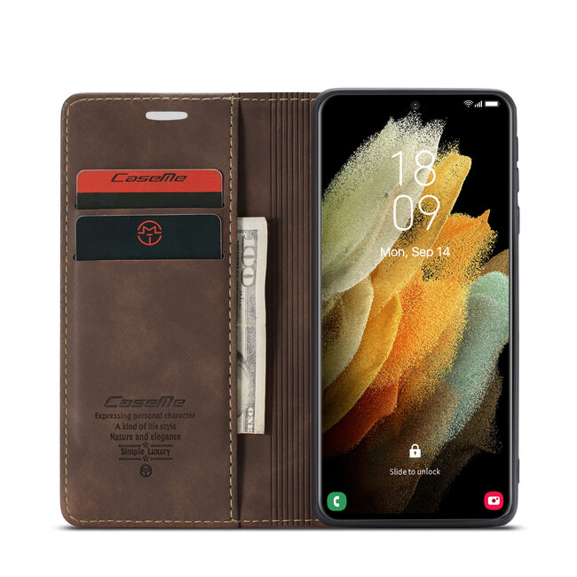 CaseMe Samsung S21 Ultra  Portefeuille Marron - Retro Wallet Slim - Étui de protection pour portefeuille - Cuir souple - Protection à 360 ° - Support pour téléphone avec béquille - 2 porte-cartes - Fente pour billets