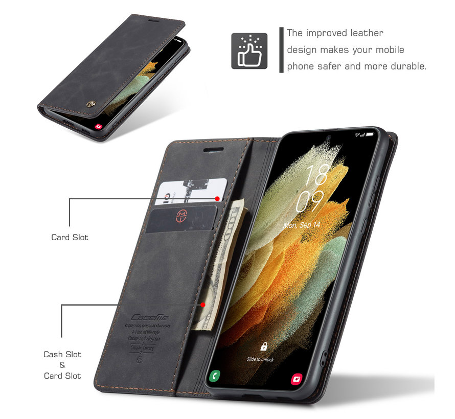 CaseMe Retro Wallet Slim Samsung S21 Ultra hoesje zwart - Flipcover - magnetische sluiting - 2 kaarthouders en een vak voor briefgeld