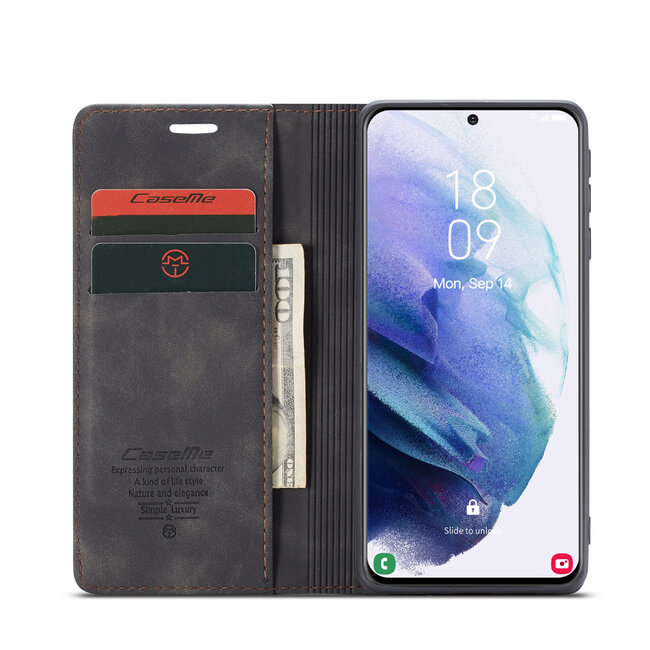 CaseMe Samsung S21  Plus Case Black - Retro Wallet Slim - Wallet Protective Case - Soft Leather - 360° Protection - Kickstand Phone Holder - 2 Card Holder - Bill Slot