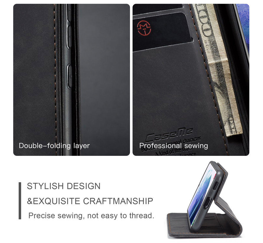 CaseMe Retro Wallet Slim Samsung S21 Plus hoesje zwart - Flipcover - magnetische sluiting - 2 kaarthouders en een vak voor briefgeld