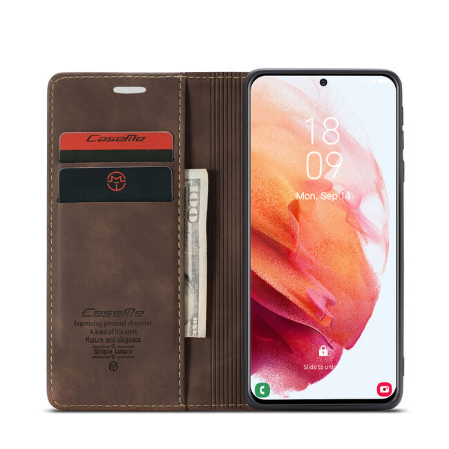 CaseMe Samsung S21 Plus  Portefeuille Marron - Retro Wallet Slim - Étui de protection pour portefeuille - Cuir souple - Protection à 360 ° - Support pour téléphone avec béquille - 2 porte-cartes - Fente pour billets