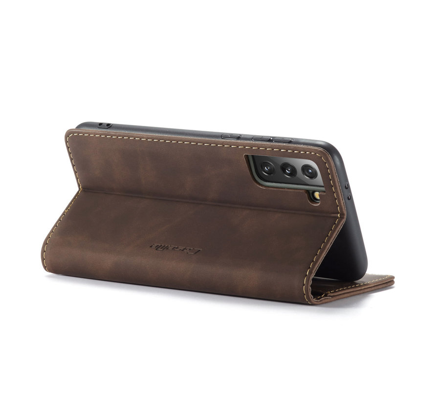 CaseMe Samsung S21 Plus  Case Brown - Retro Wallet Slim- Wallet Protective Case - Soft Leather - 360° Protection - Kickstand Phone Holder - 2 Card Holder - Bill Slot
