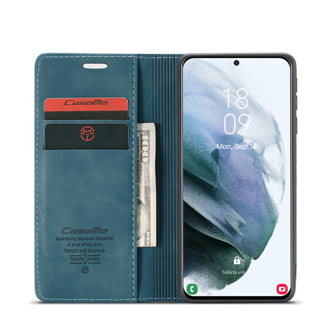 CaseMe Samsung S21 Plus Portefeuille Bleu - Retro Wallet Slim - Étui de protection pour portefeuille - Cuir souple - Protection à 360 ° - Support pour téléphone avec béquille - 2 porte-cartes - Fente pour billets