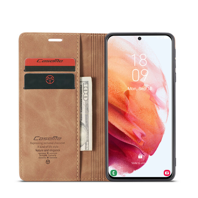 CaseMe Samsung S21 Plus Portefeuille L.Marron - Retro Wallet Slim - Étui de protection pour portefeuille - Cuir souple - Protection à 360 ° - Support pour téléphone avec béquille - 2 porte-cartes - Fente pour billets