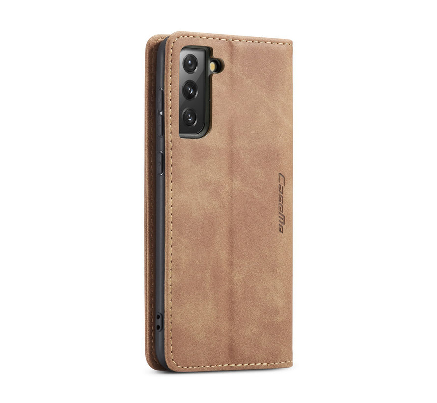 CaseMe Samsung S21 Portefeuille L.Marron - Retro Wallet Slim - Étui de protection pour portefeuille - Cuir souple - Protection à 360 ° - Support pour téléphone avec béquille - 2 porte-cartes - Fente pour billets