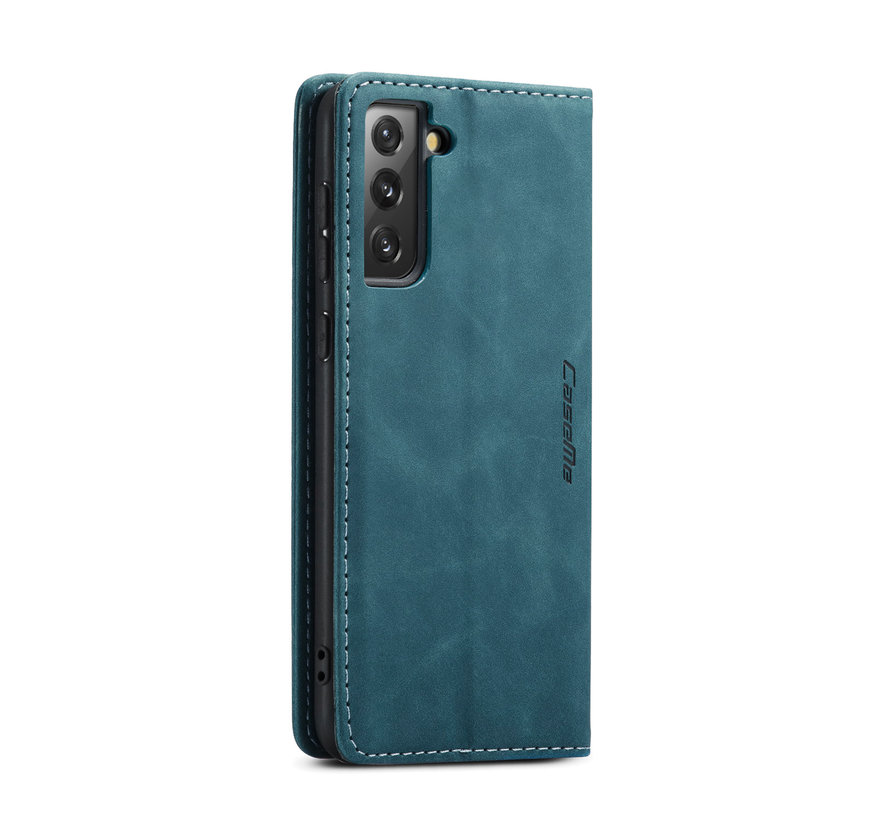 CaseMe Samsung S21 Case Blue - Retro Wallet Slim - Wallet Protective Case - Soft Leather - 360° Protection - Kickstand Phone Holder - 2 Card Holder - Bill Slot