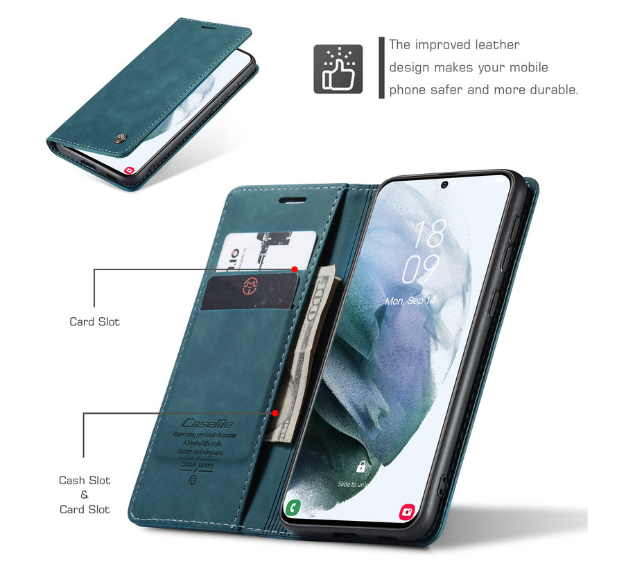 CaseMe Samsung S21 Portefeuille Bleu - Retro Wallet Slim - Étui de protection pour portefeuille - Cuir souple - Protection à 360 ° - Support pour téléphone avec béquille - 2 porte-cartes - Fente pour billets