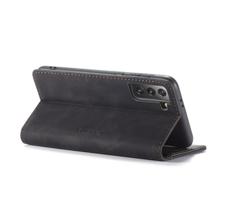 CaseMe Samsung S21 Portefeuille Noir - Retro Wallet Slim - Étui de protection pour portefeuille - Cuir souple - Protection à 360 ° - Support pour téléphone avec béquille - 2 porte-cartes - Fente pour billets