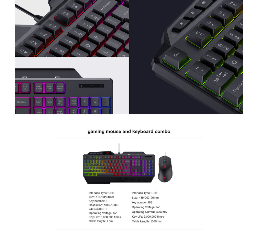 Havit GameNote Gaming toetsenbord en gaming muis set RGB met 1.5 meter kabels  - tot 3400dpi instelbare muis met LED indicatie - 19 anti ghosting keys