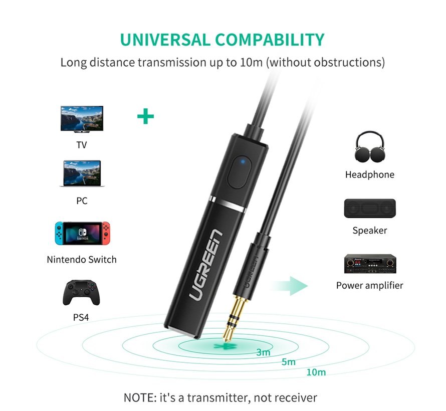 Ugreen Transmetteur audio Bluetooth 5.0 - Câble de 1 mètre - 2 appareils simultanément - Plug & Play - Pas de latence