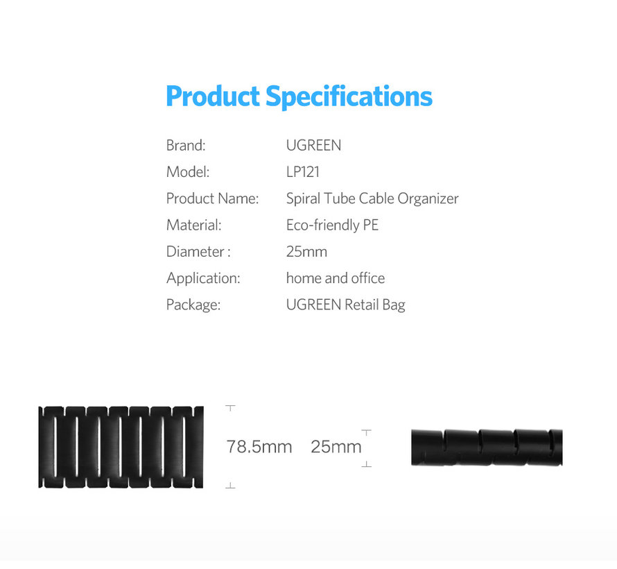 Ugreen Organiseur de conduits et câbles - 25 mm - 1,5 m - Noir - 20 mm à 78,5 mm - 1,5 m