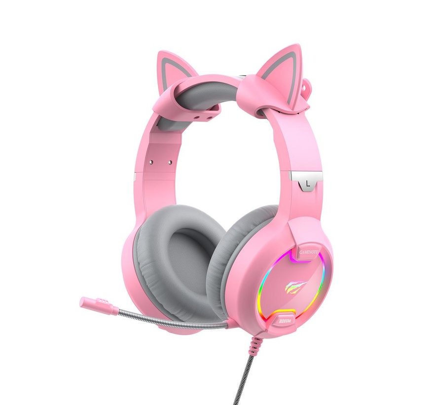 Havit GameNote Pink Taboo Gaming headset roze RGB cat ears - volumeregeling en mute knop - afneembare siliconen kattenoren - 2.2 meter kabel met individuele aansluitingen voor RGB microfoon en geluid