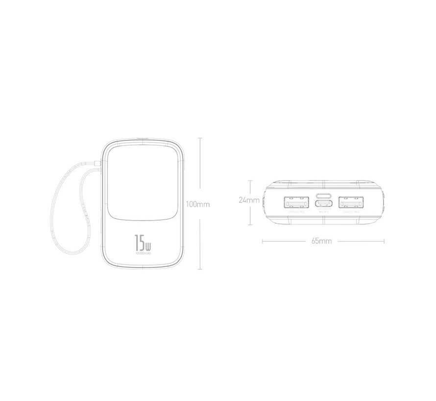 Baseus Qpow Powerbank 10000mAh 3A 15W + Eingebautes USB Typ C Kabel (PPQD-A01) - 2x USB - 1x USB Typ C - 1x Lightning - LED Display