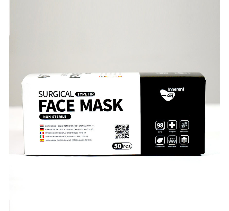 Eexi Inherent Masque buccal à 3 couches 50 pièces - Masque chirurgical pour la bouche et le nez résistant aux éclaboussures de type IIR 50 pièces. EN14683 du sol européen Noir