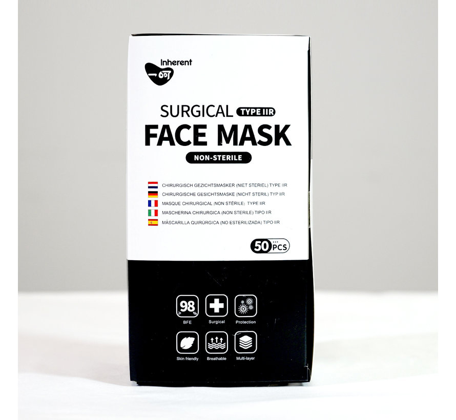 Eexi Inherent Masque buccal à 3 couches 50 pièces - Masque chirurgical pour la bouche et le nez résistant aux éclaboussures de type IIR 50 pièces. EN14683 du sol européen Noir