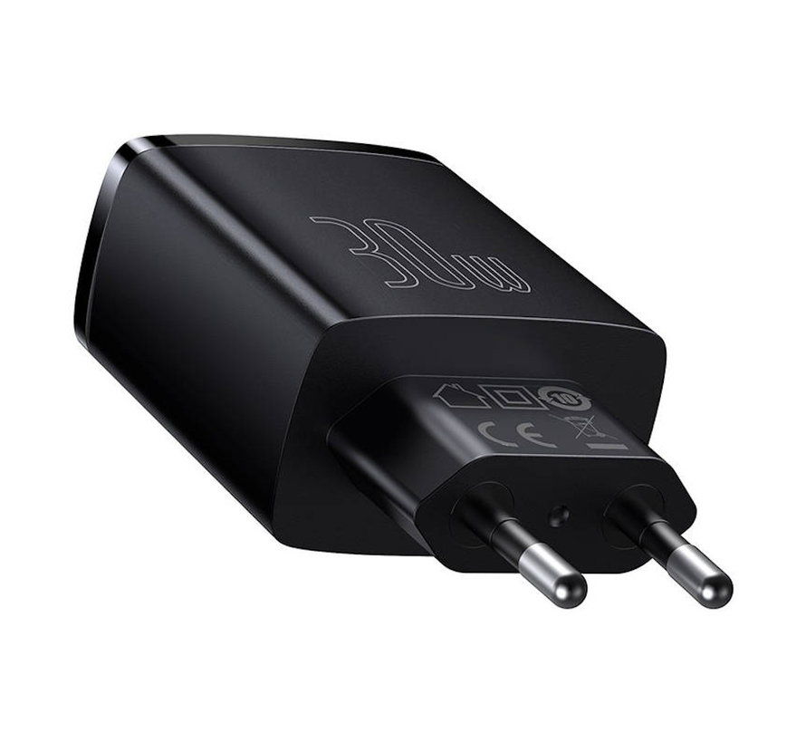 Baseus Compact Ladegerät mit 2 USB A und 1 USB C Anschluss 30W schwarz - PD3.0 Power Delivery - QC3.0 Qualcomm Quick Charge